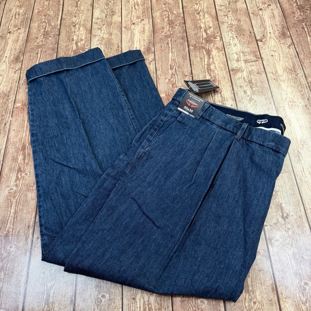 Roundtree & Yorke Stewart Classic Fit Pants Mens 50x30 Blue Pleated Denim NWT